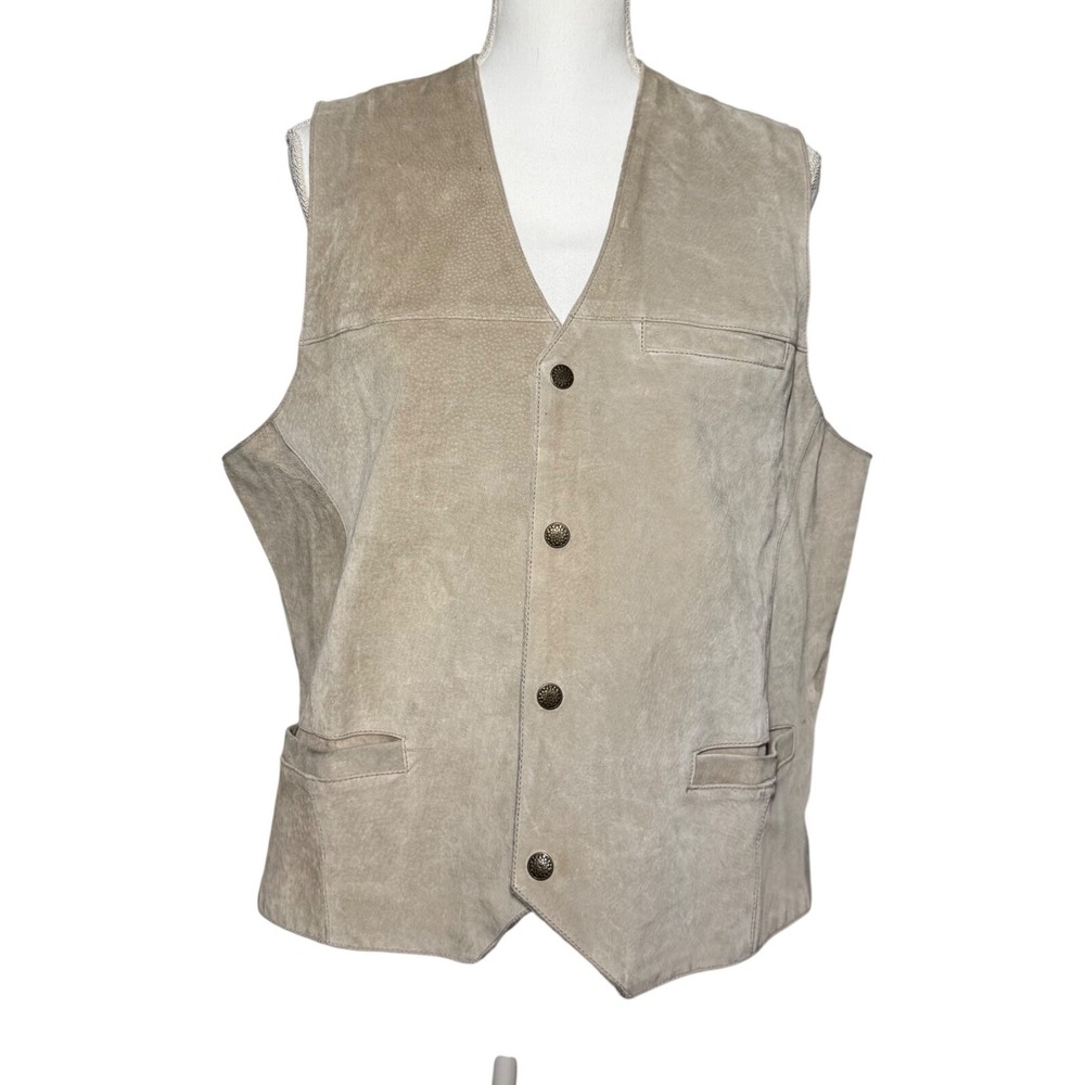 Personal Choice Suede Leather Vest XLG Tan Beige Good Vintage Button Front Cinch